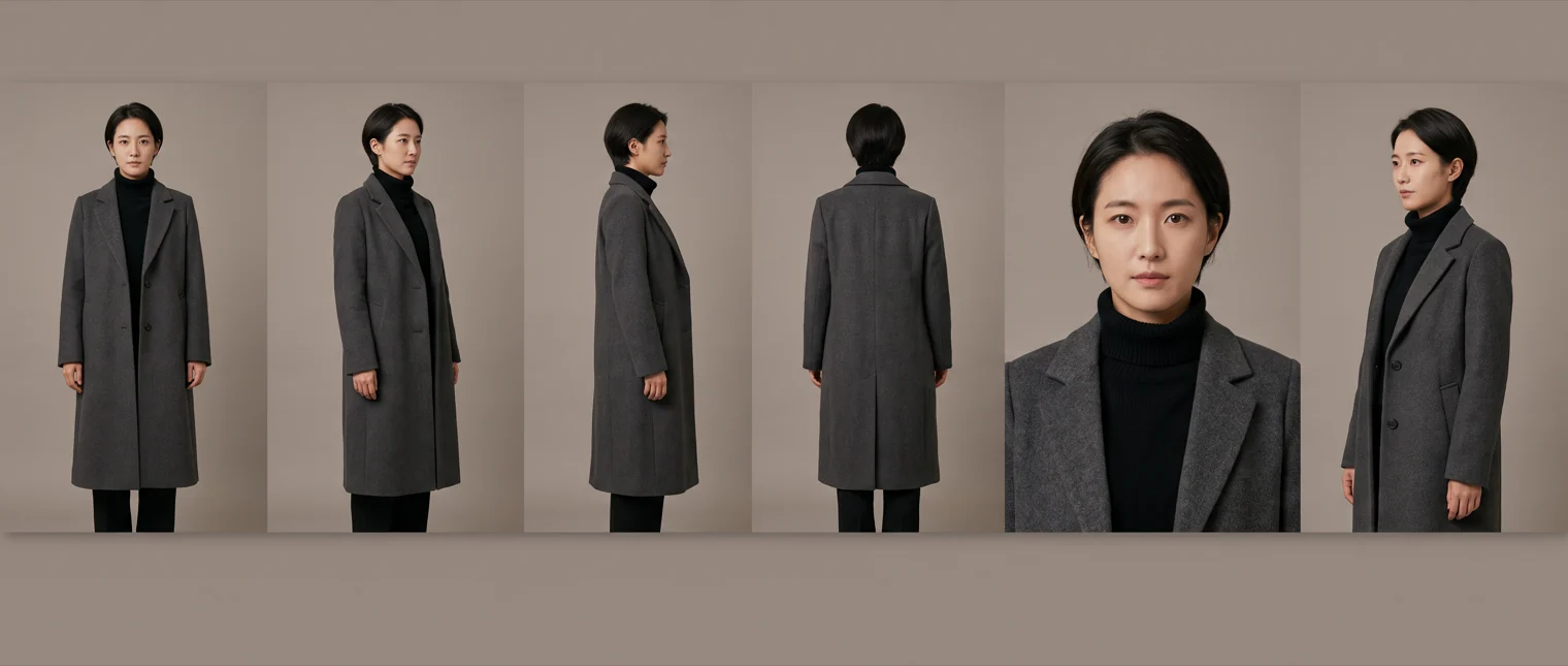 A six-panel character reference sheet: the same woman in a charcoal overcoat, shown front, three-quarter, profile, back, in close-up, and in a medium shot