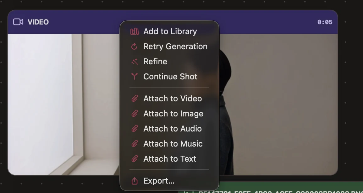 The right-click menu on a finished video card in Cask Studio, showing Add to Library, Retry Generation, Refine, and Continue Shot