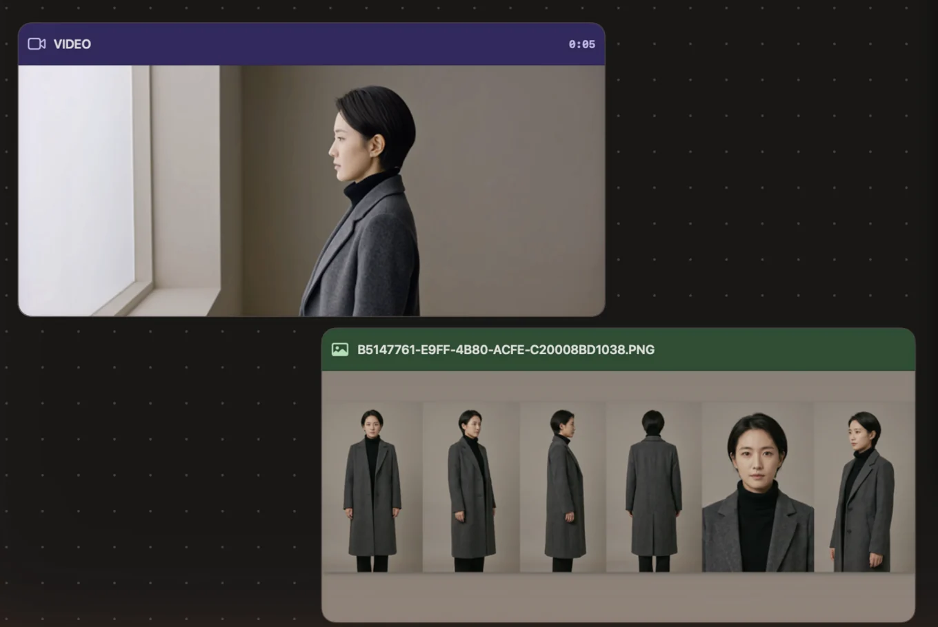 The Cask Studio canvas with two cards: a six-panel character reference sheet, and a video shot generated from it showing the same woman in profile at a window